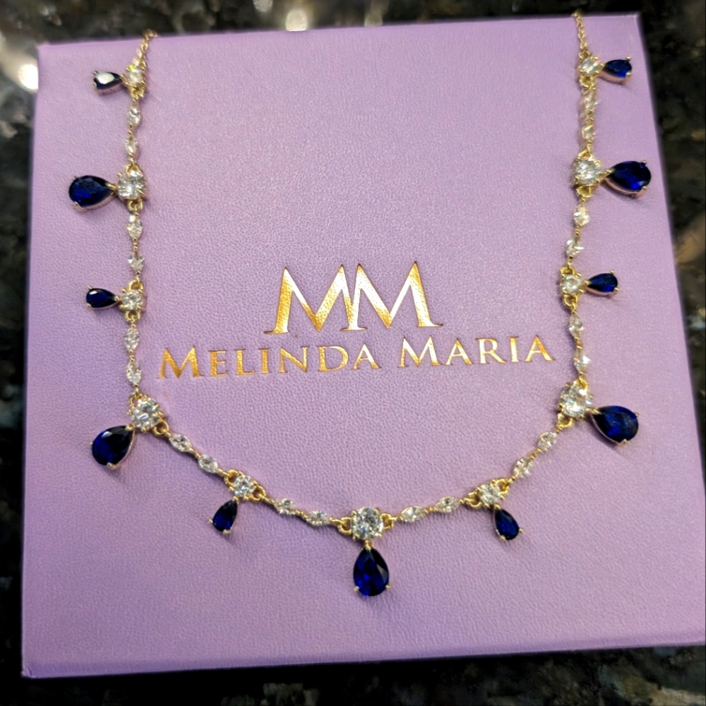 Divine Melinda Maria Sapphire, Rhinestone, and Gold Choker (15-18") Necklace